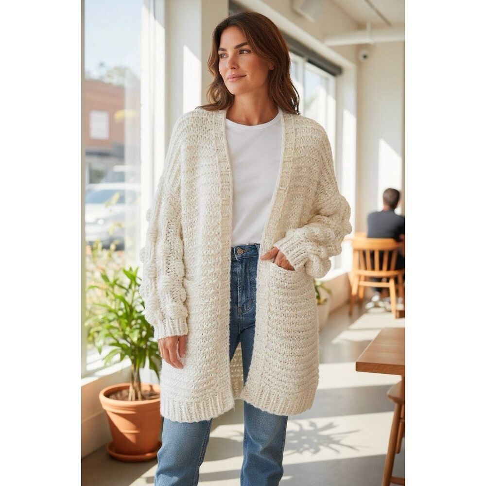 In Loom Chunky Knit Cardigan Sweater Cream Acrylic Open Front Women’s S/M Boho C